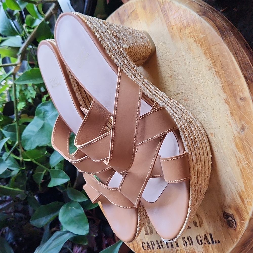 8.5M Tan Caramel Golden Stuart Weitzman Espadrille Chunky Heeled Slides Sandals